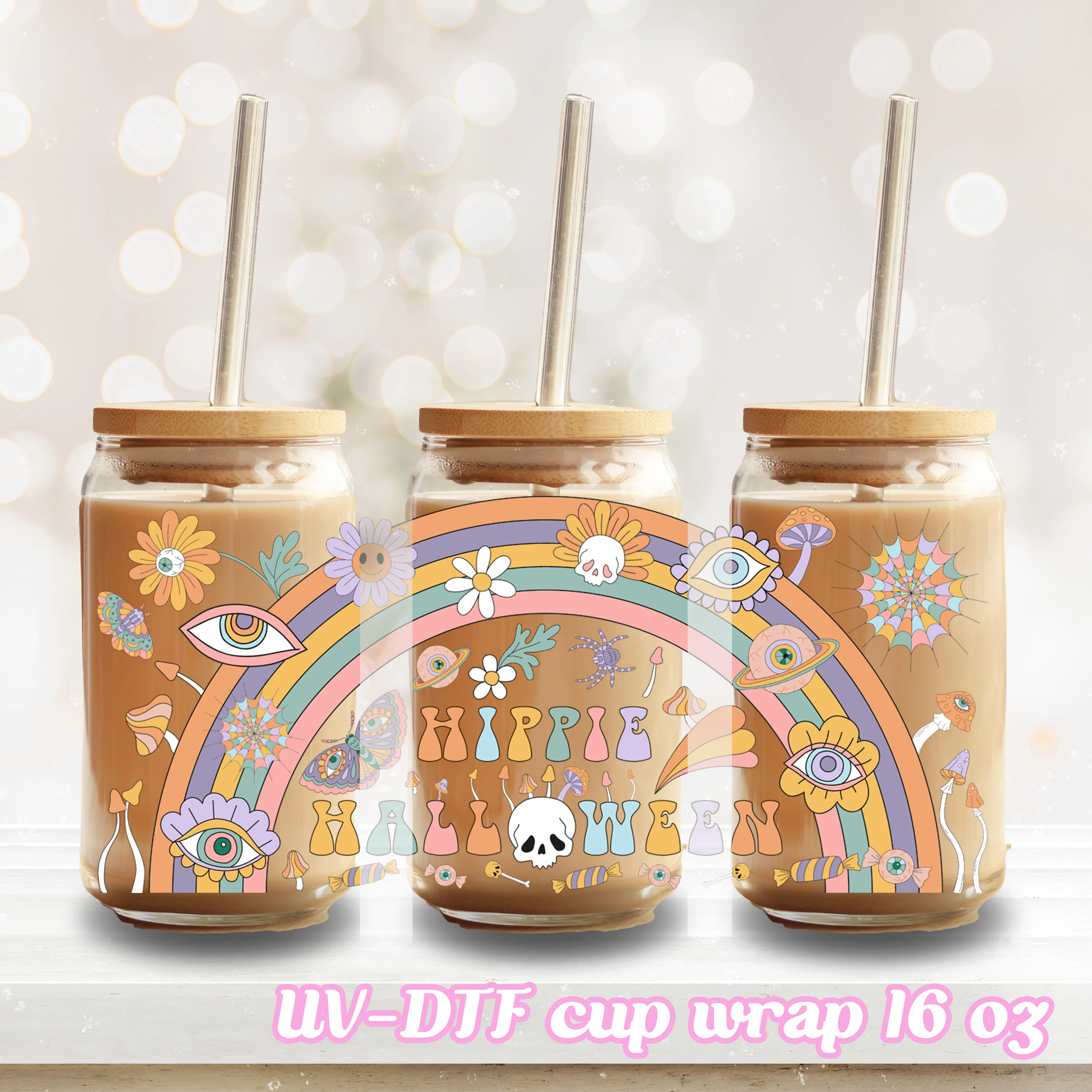 UV DTF - Hippie Halloween - 16oz Libbey Glass Cup Wrap Only