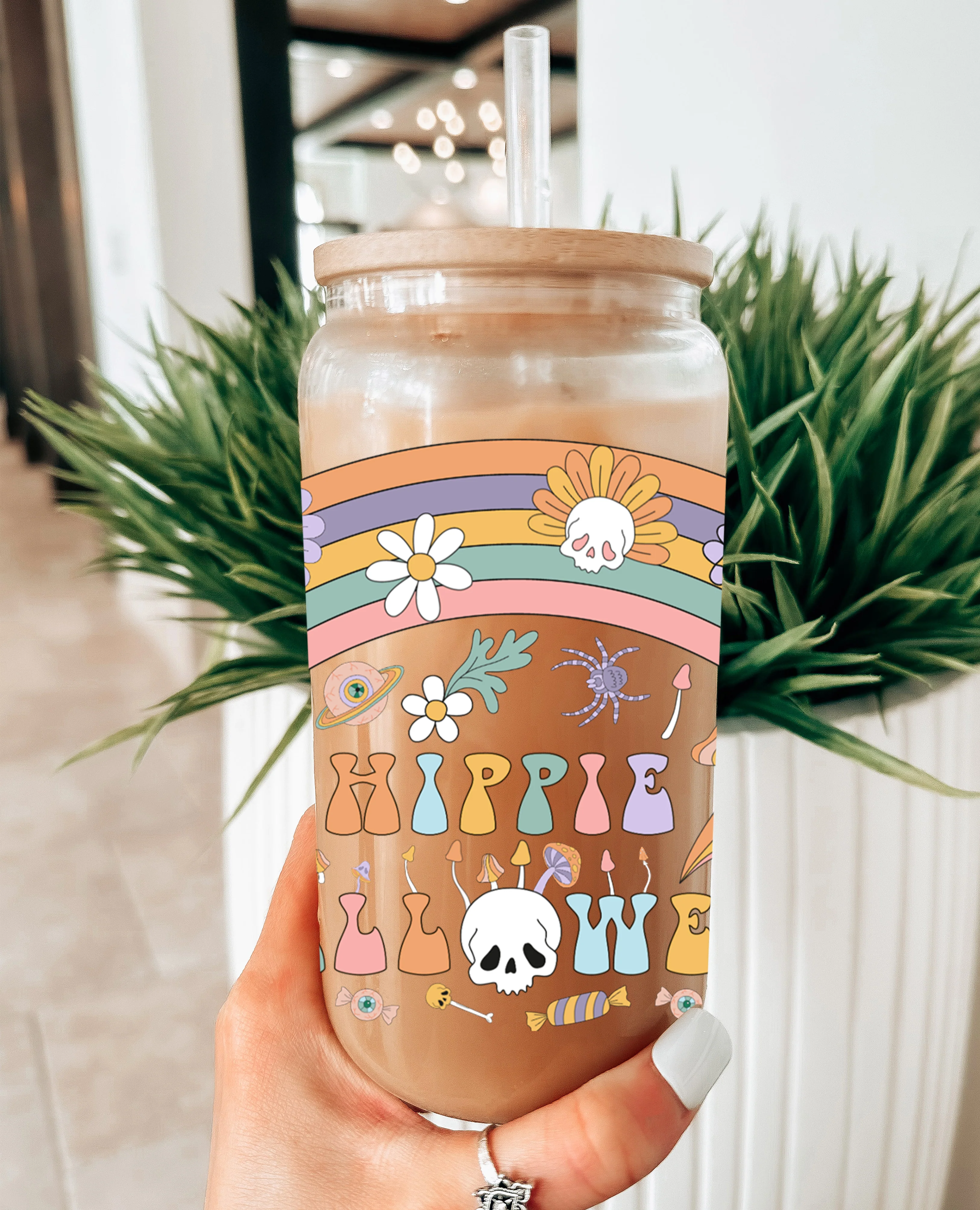 UV DTF - Hippie Halloween - 16oz Libbey Glass Cup Wrap Only - Image 2