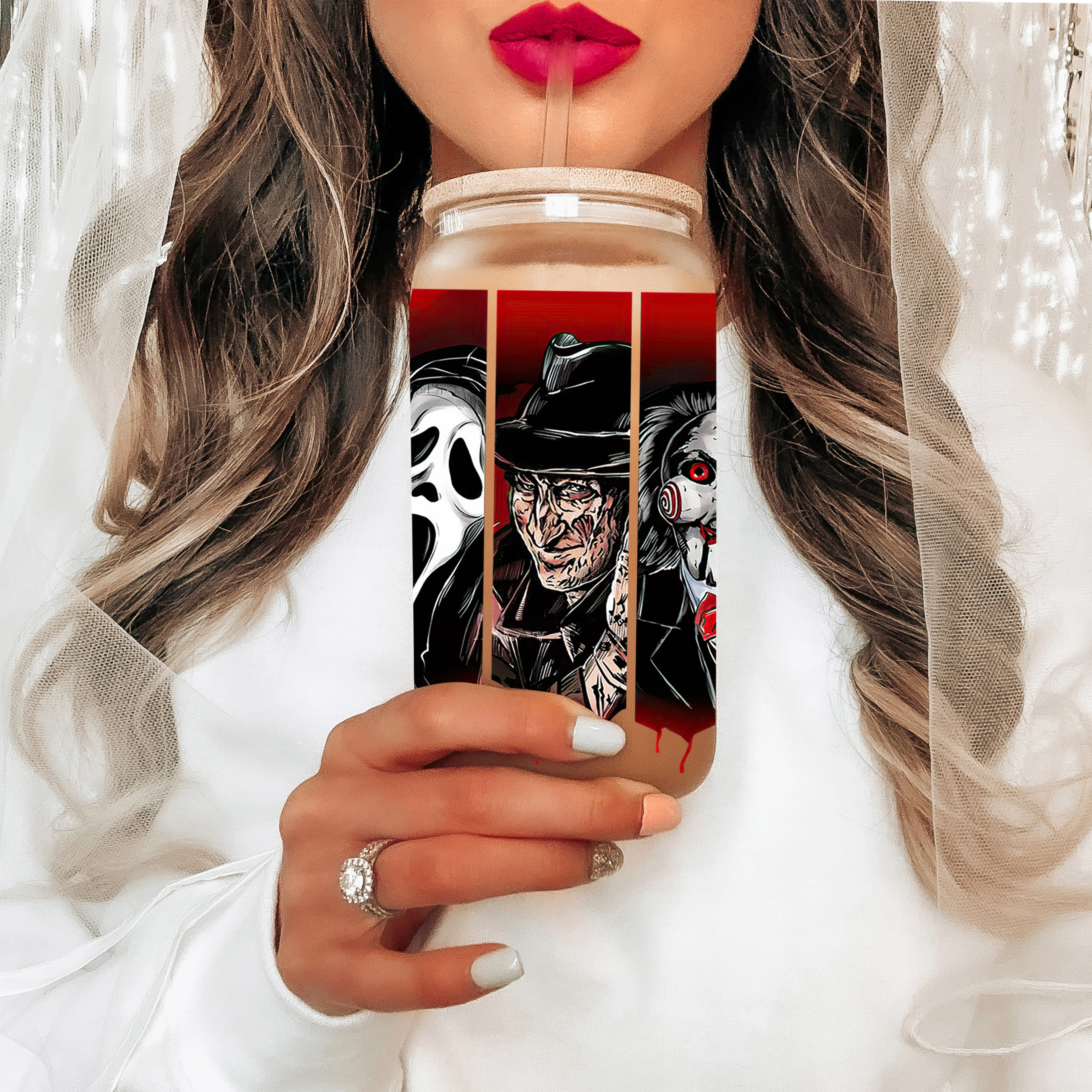 UV DTF - Horror movie - 16oz Libbey Glass Cup Wrap Only - Image 2