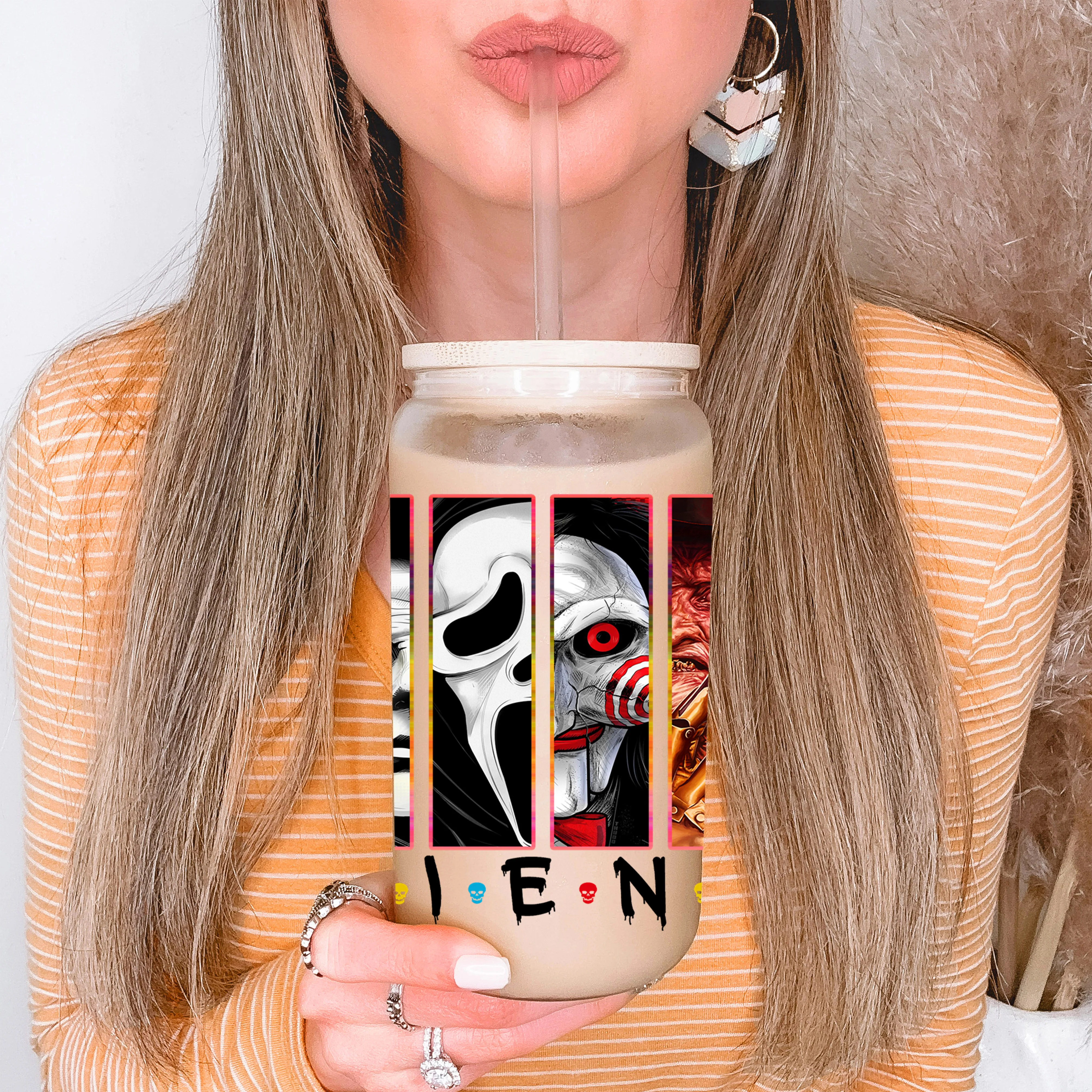 UV DTF - Horror movie Halloween - 16oz Libbey Glass Cup Wrap Only - Image 2