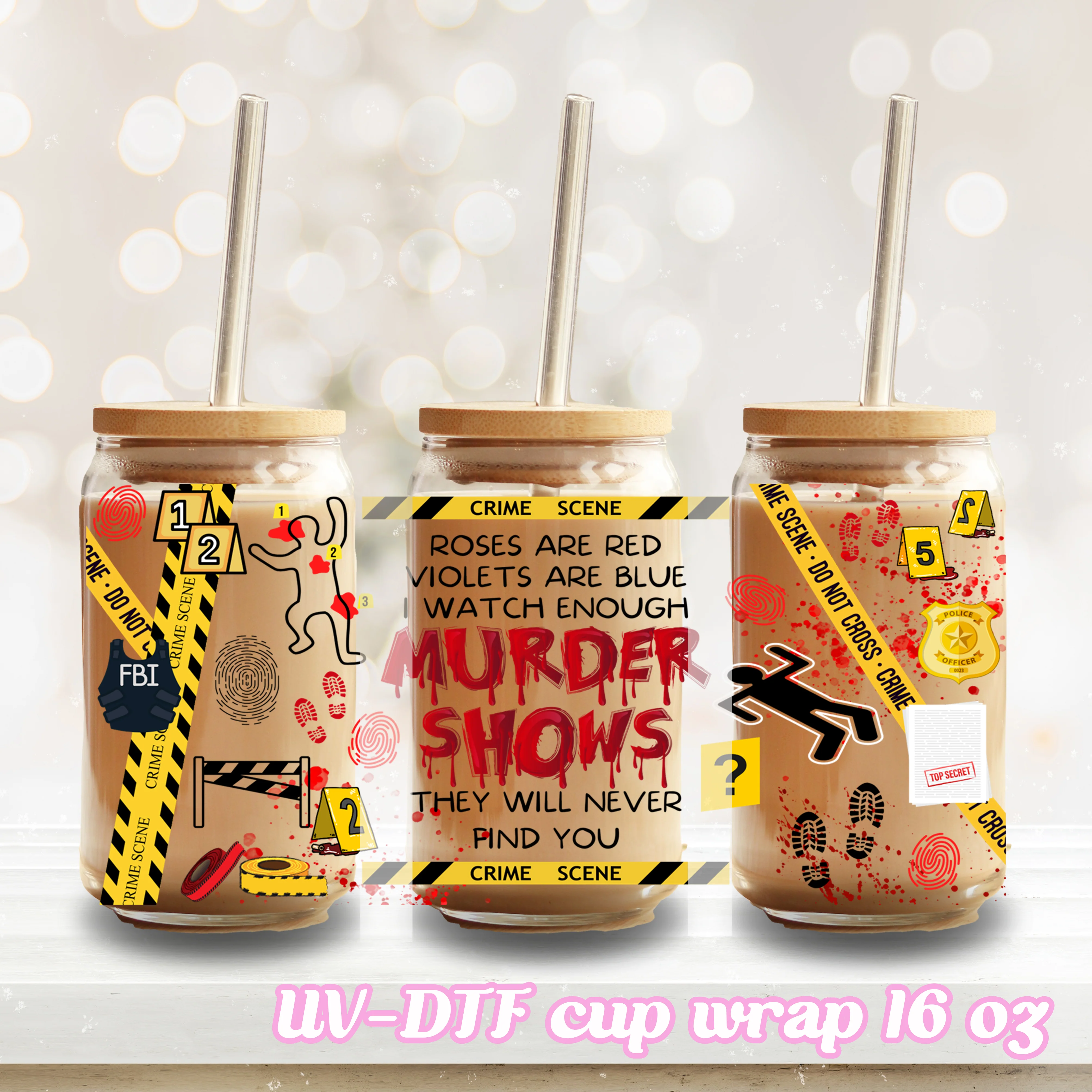UV DTF - Murder Show Horror - 16oz Libbey Glass Cup Wrap Only