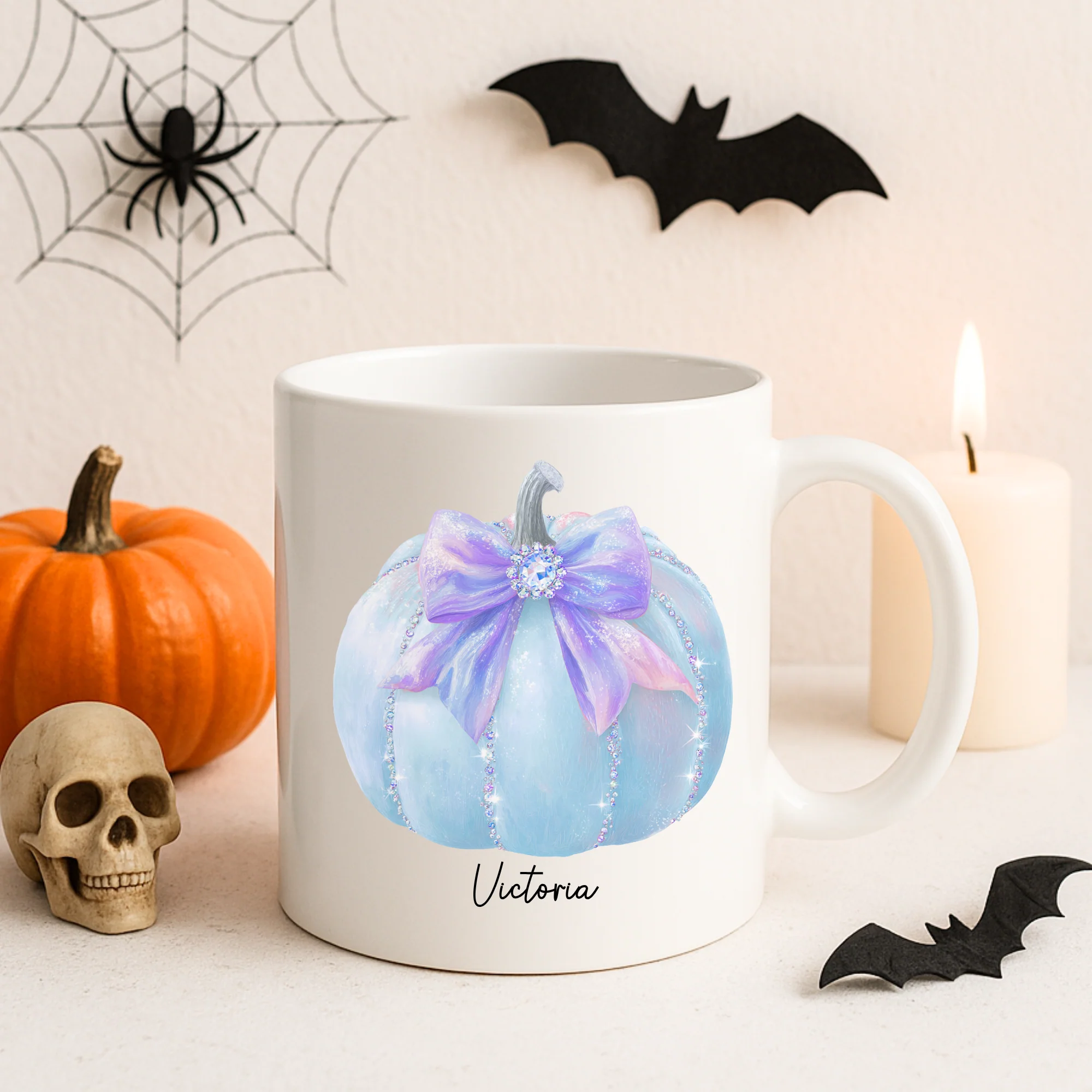 UV DTF - personalised sparkling blue pumpkin with blue bow