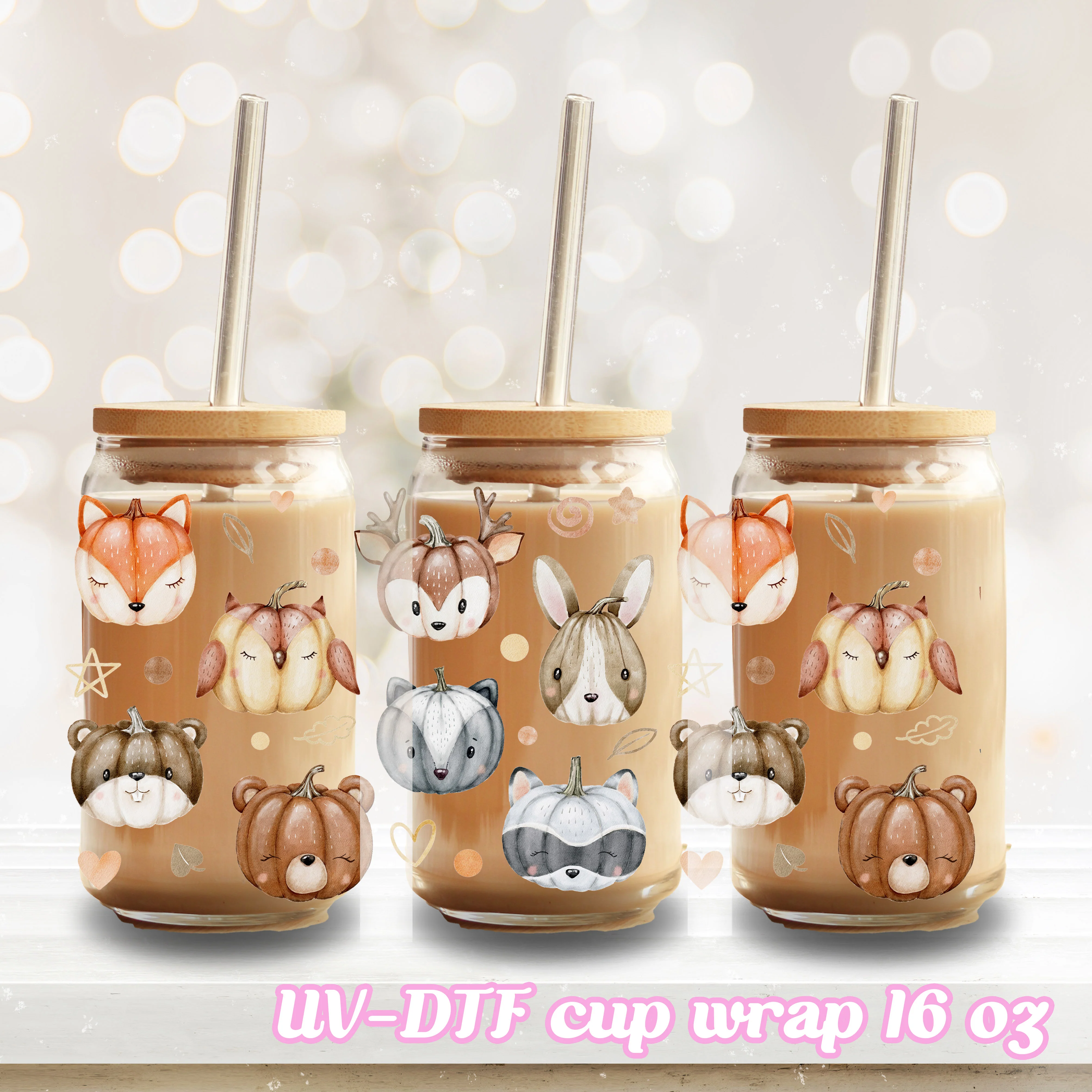 UV DTF - pumpkin animal - 16oz Libbey Glass Cup Wrap Only - Image 2