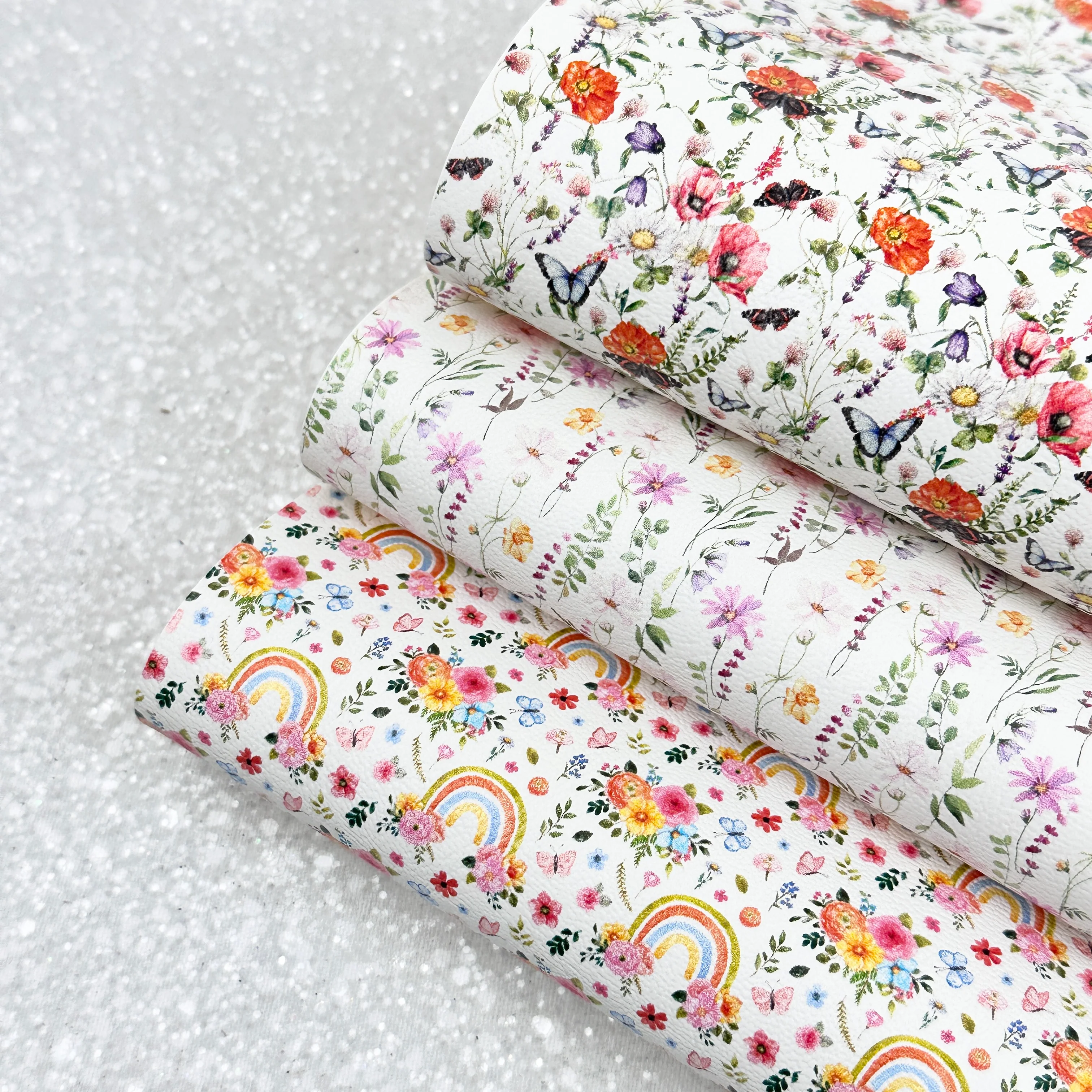 Wild flower Floral rainbow butterfly - Pu Leatherette vinyl - canvas - choose Fabric material Sheets - Image 2