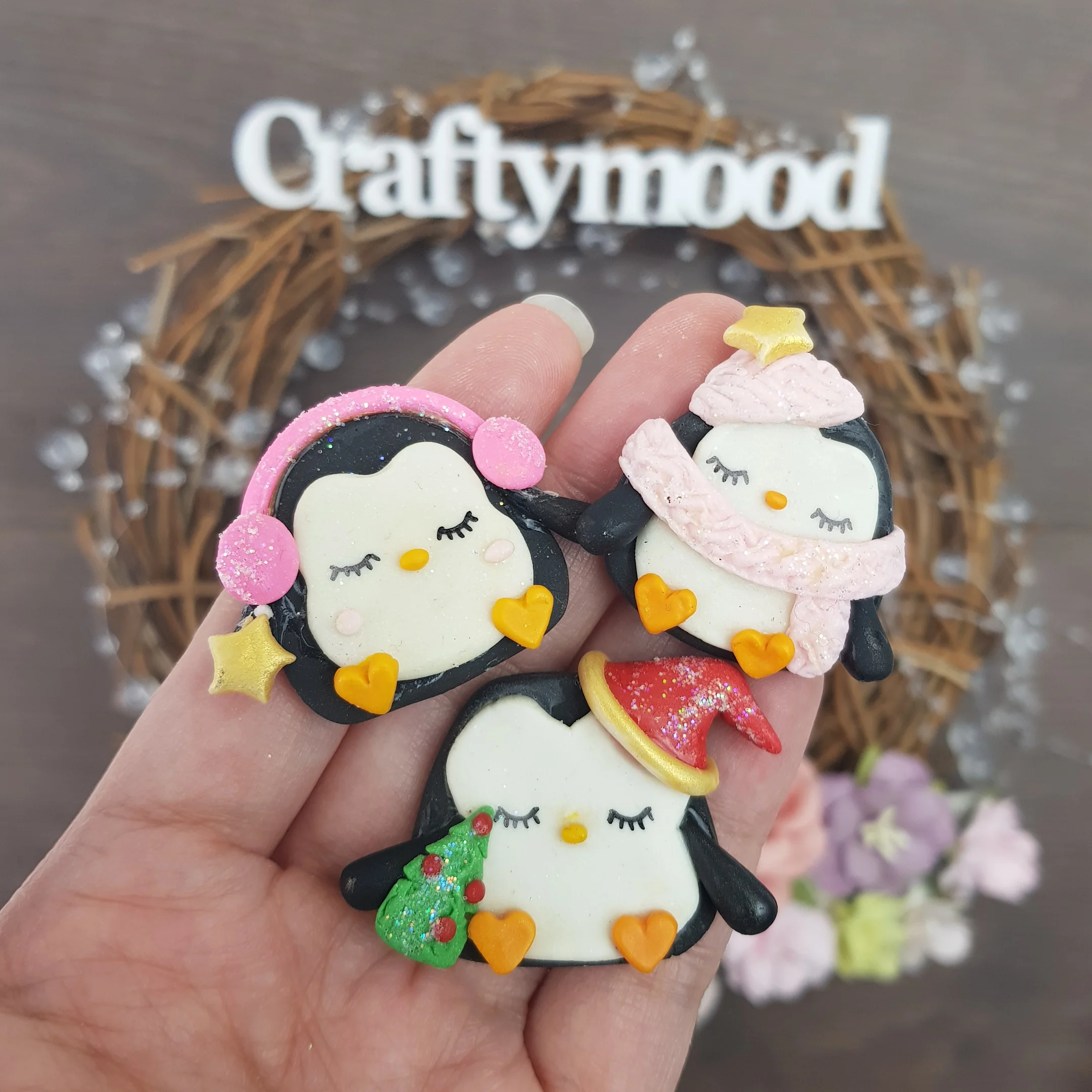 Winter penguins - Handmade Flatback Clay Bow Centre