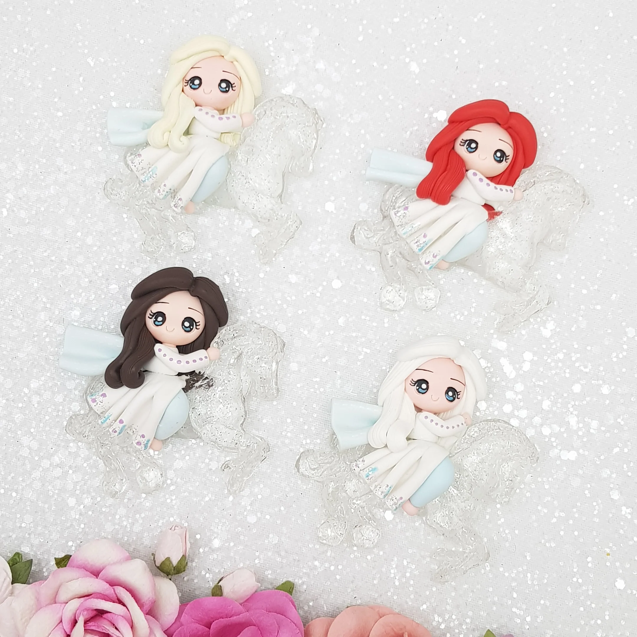 Winter princess riding ice horse - Handmade Flatback Clay Bow Centre - Image 3